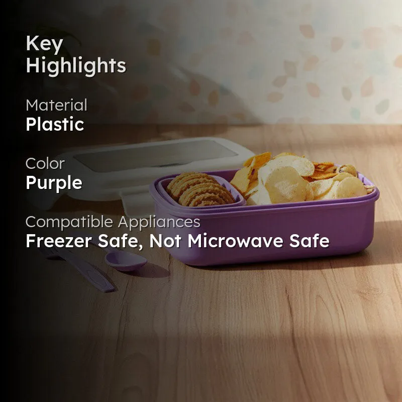 Purple lunch box with cream lid shown on a wooden table in a product highlight image.