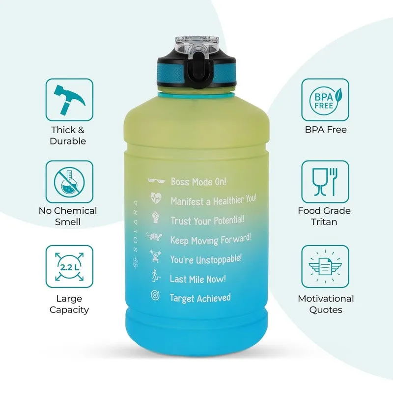 Solara blue and yellow water bottle showing BPA-free Tritan and motivational design features
