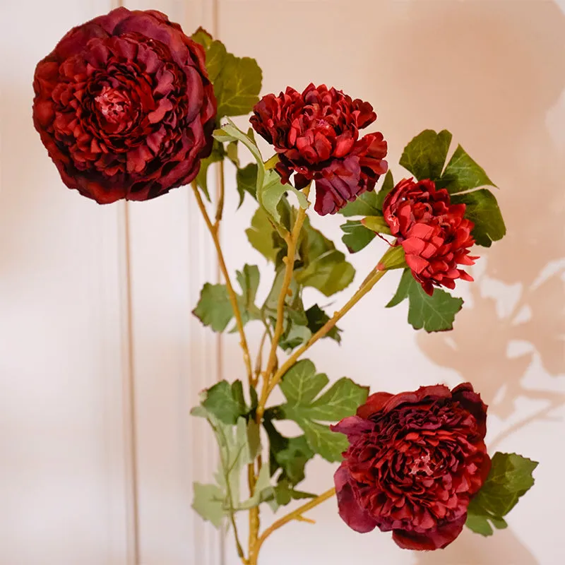Faux Peony Flower Stick (Maroon) - 35 CM media 4