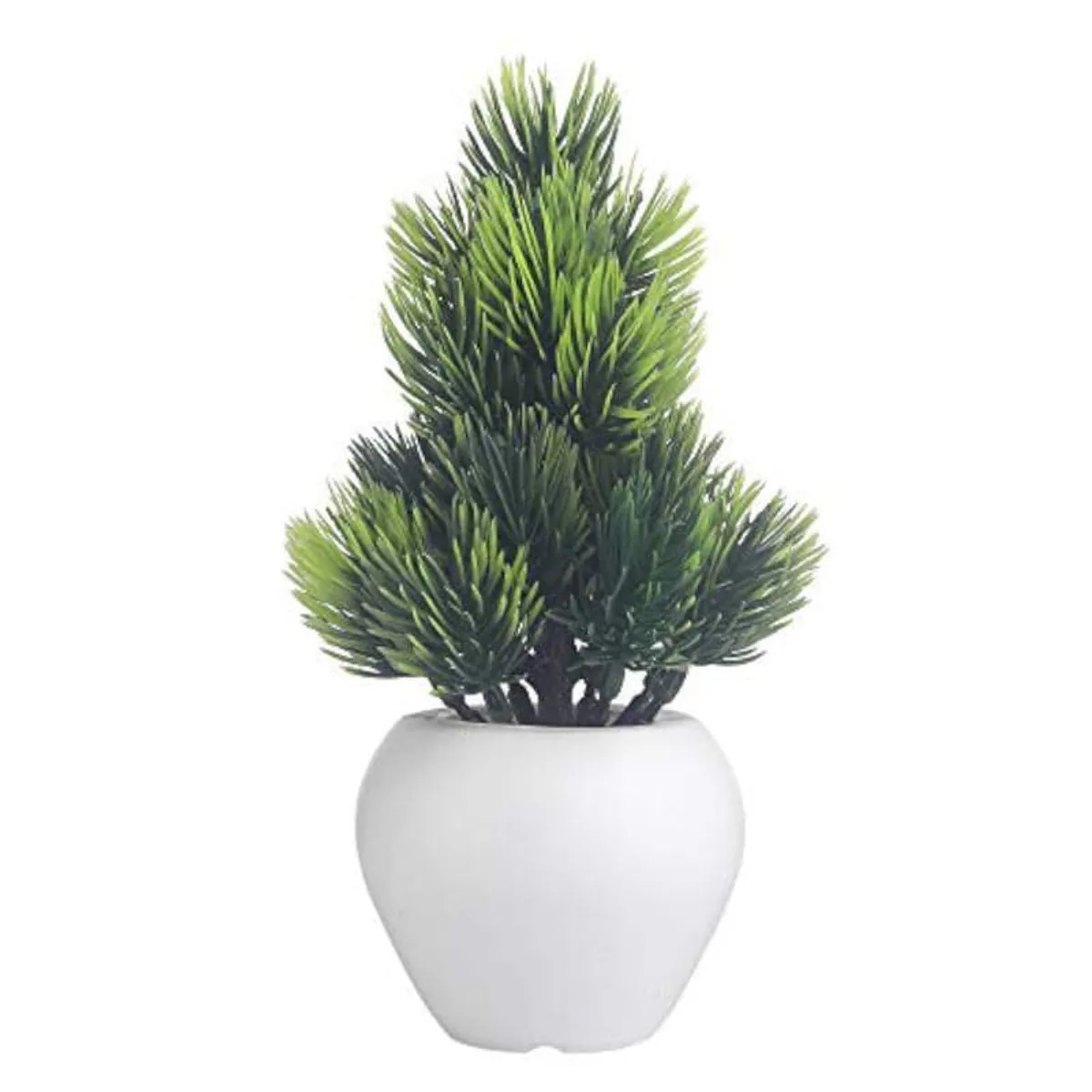 Close-up of a green faux plant with dense pointed foliage in a white pot