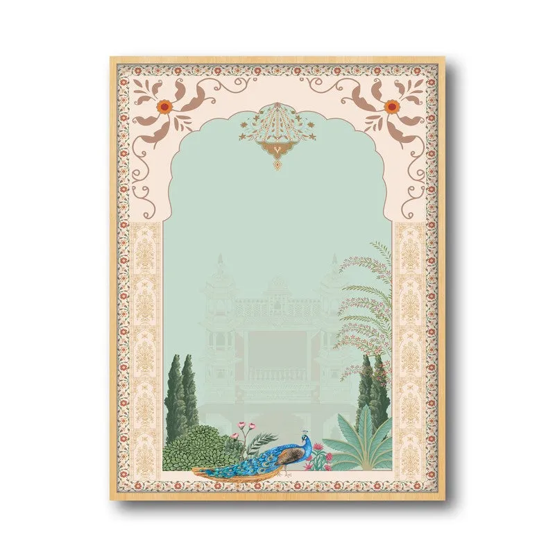 Imperial Peacock Framed Mughal Canvas Archival Canvas Wall Painting - Natural Brown Frame media 6