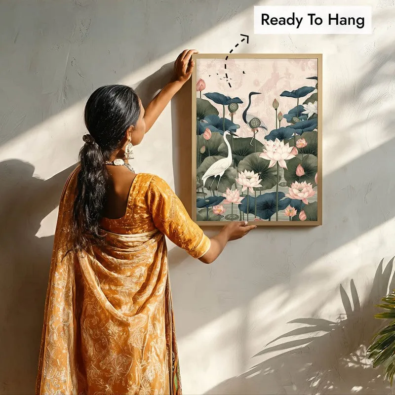 Lotus Garden Birds Canvas Wall Painting With Brown Frame media 10
