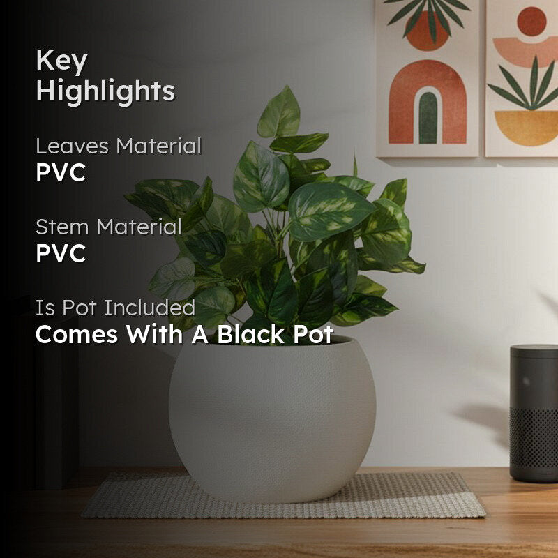 Artificial Pothos Plant With Black Fiber Pot (Green, Yellow) - 1 Feet media 2