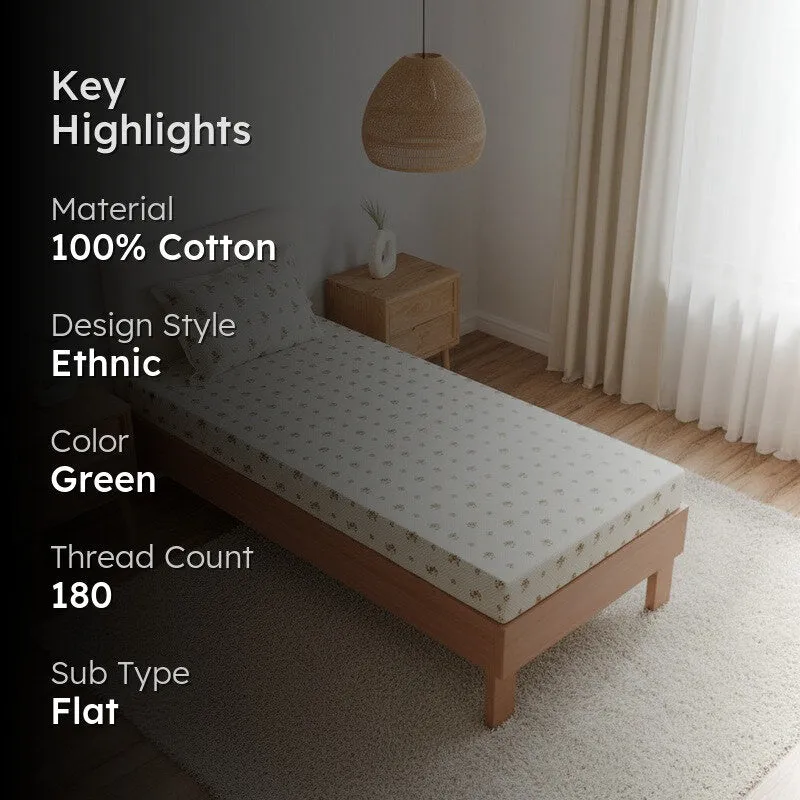 Bedsheet highlights graphic showing cotton material, green colour and 180 thread count