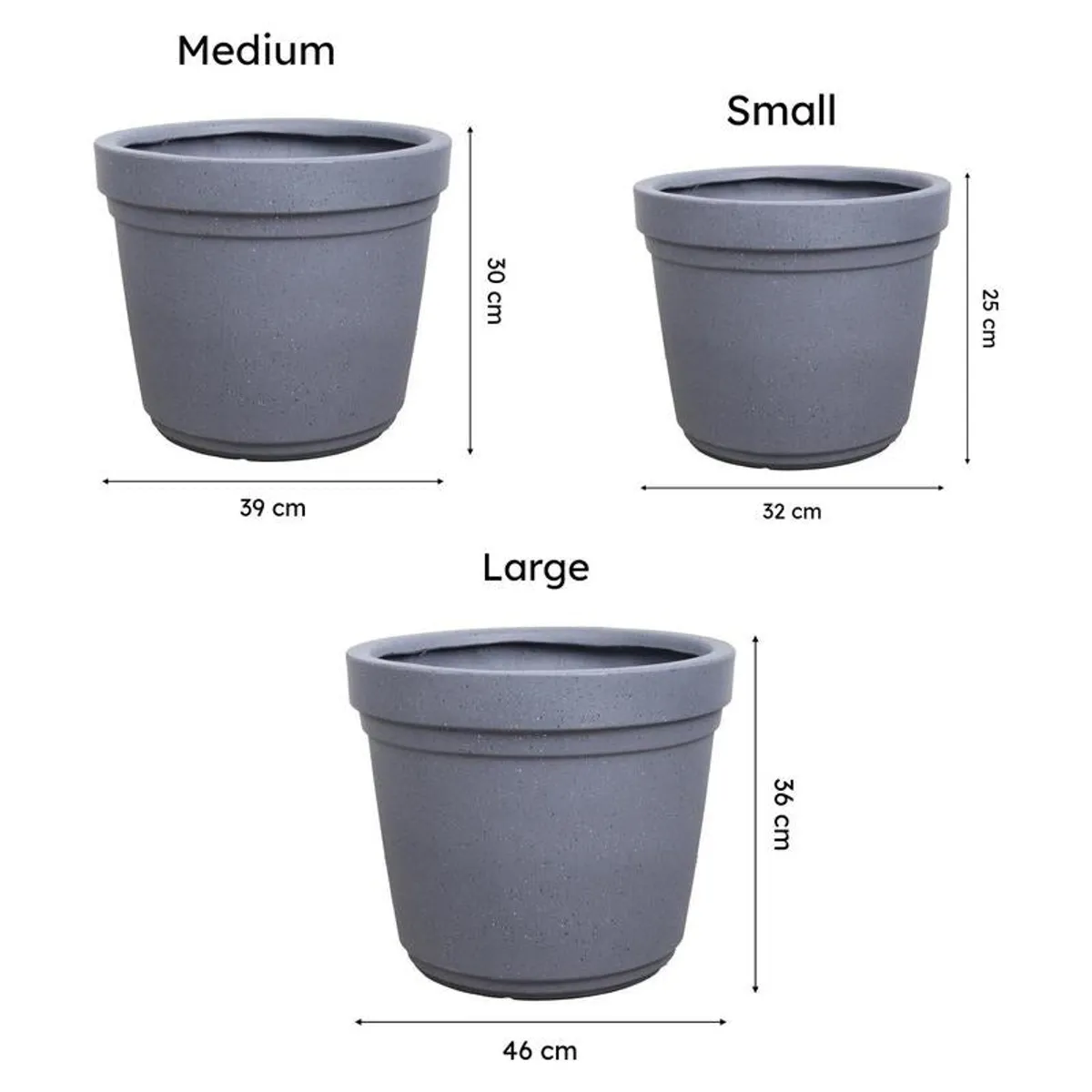 Size comparison of the Small, Medium and Large grey planters