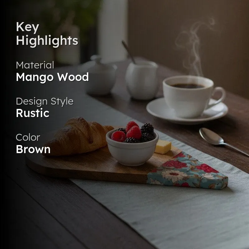 Mango wood platter with croissant, berries and floral detail styled on a dining table