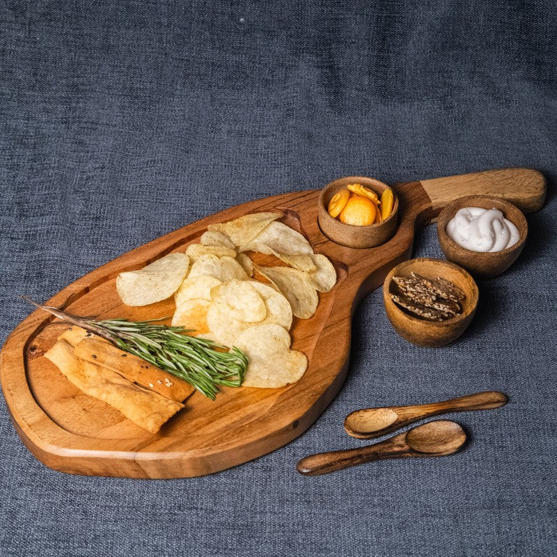 Verdant Leaf Shaped Wood Serving Platter With Dip Bowl - Two Piece Set media 4