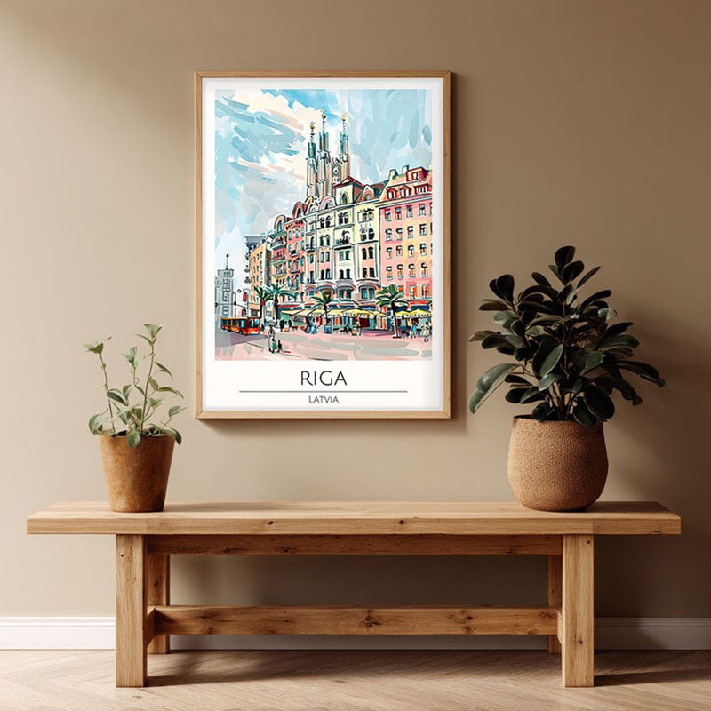 Vintage Riga Framed Canvas Archival Canvas Wall Painting - Natural Brown Frame