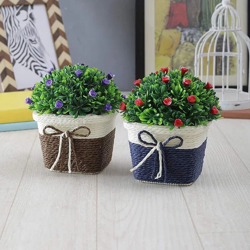 Faux Wild Bush Artificial Plant In Basket Pot (Blue & Brown) - Set Of Two media 1