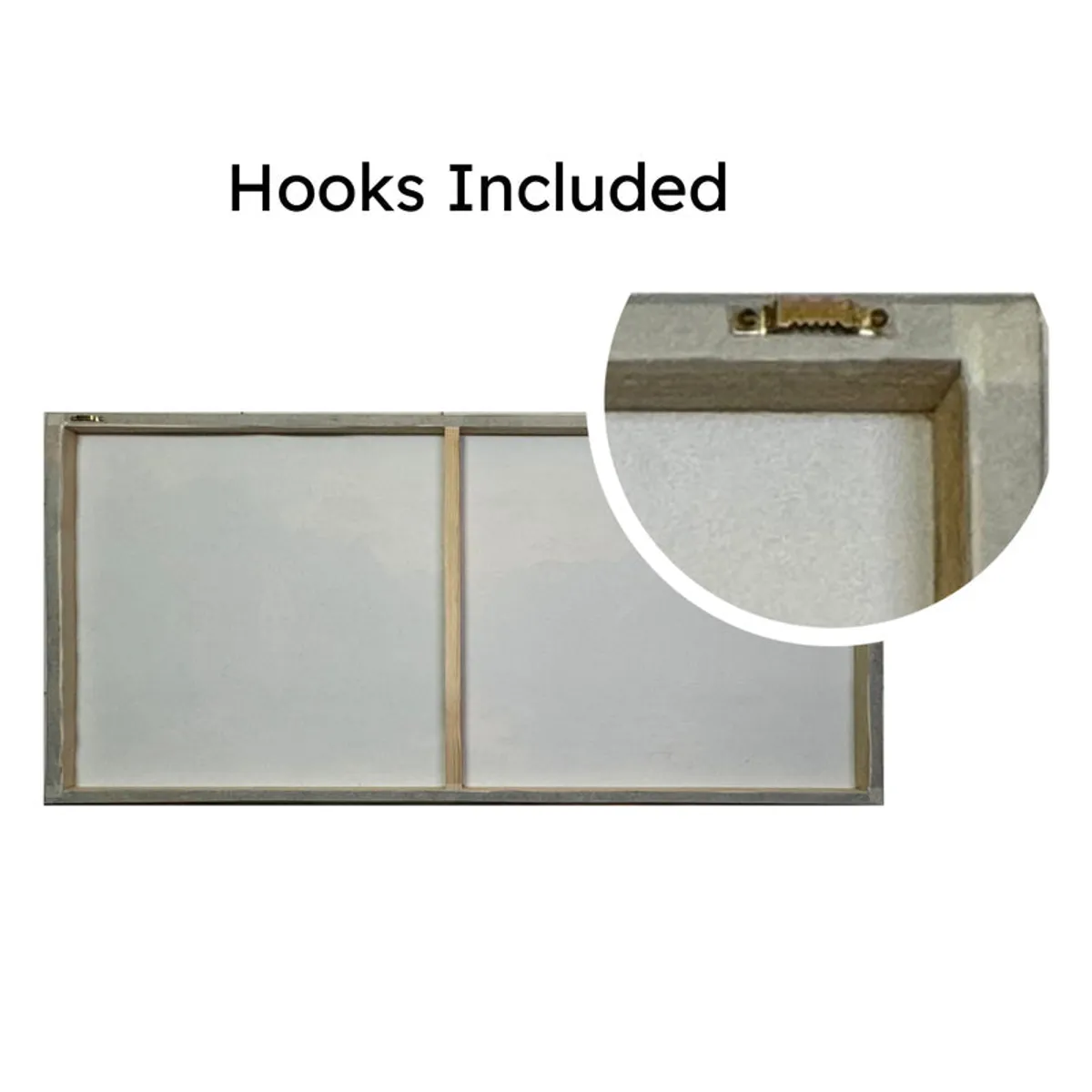 Back of rectangular wall painting with hanging hooks visible