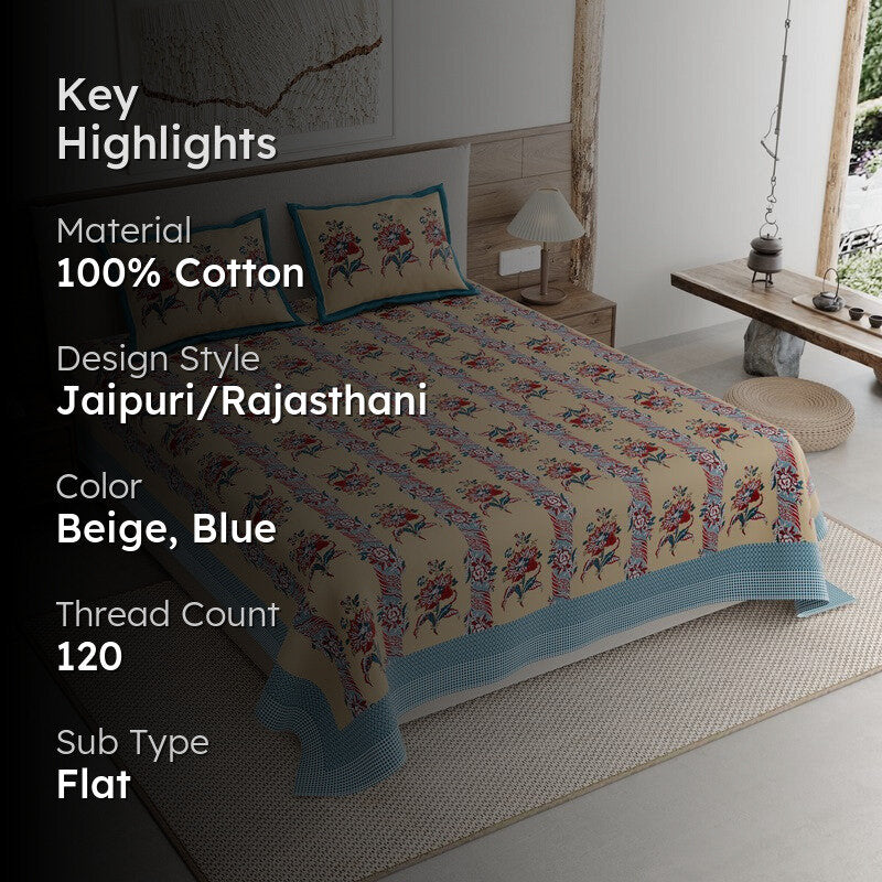 Rang Grace Cotton Bedsheet (Beige,Blue) - 120 TC media 2