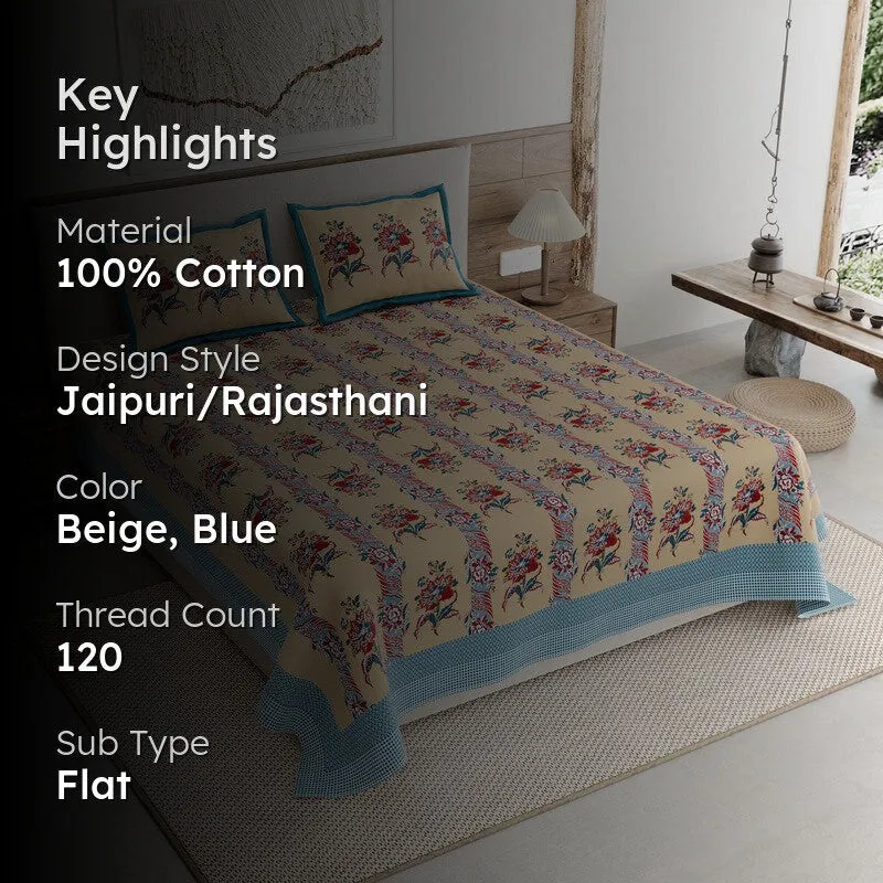Rang Grace Cotton Bedsheet (Beige,Blue) - 120 TC media 2