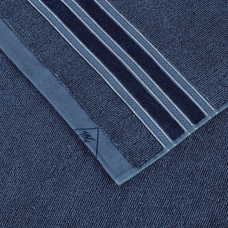 Close-up of blue bath towel texture with striped border