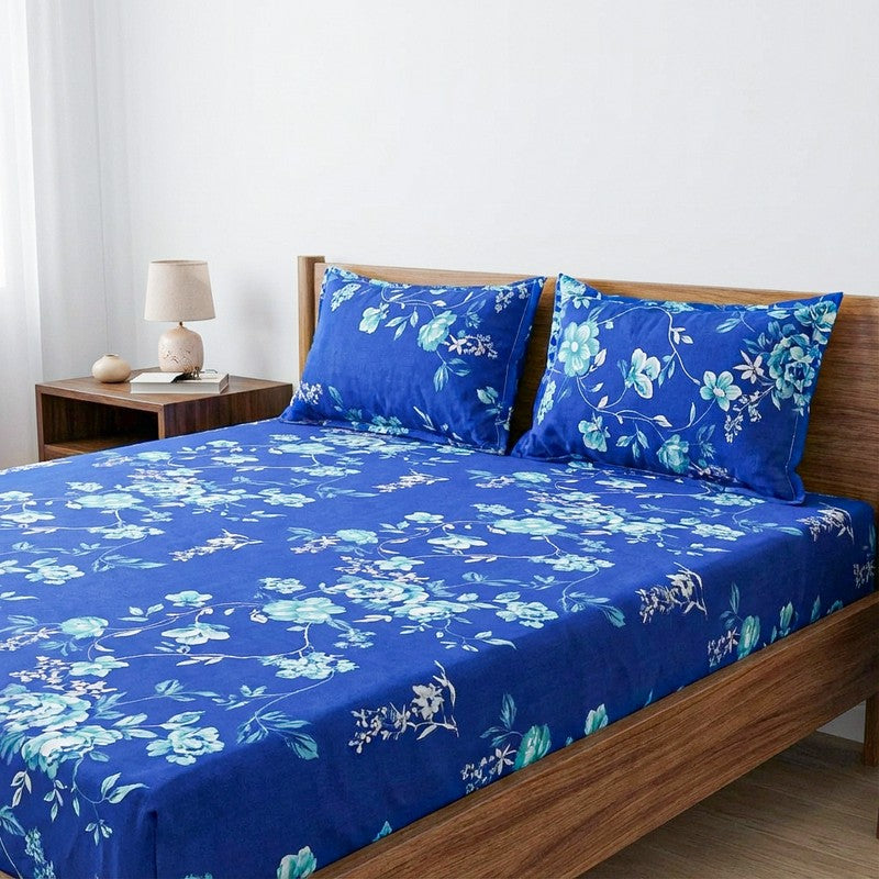 Layla Floral Neon Print Cotton Bedsheet (Blue) - 144 TC media 3