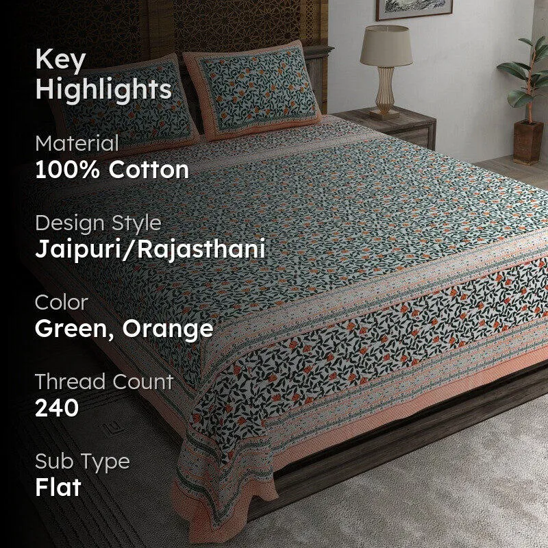 Shapeel Cotton Bedsheet (Green,Orange) - 240 TC media 2