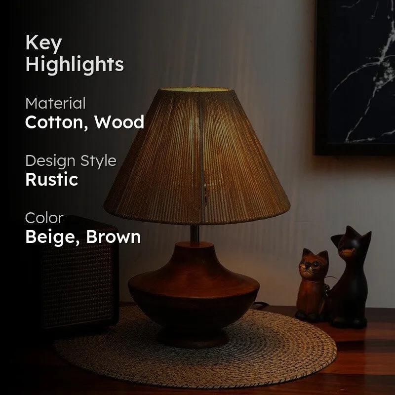 Rustic Luxe Wooden Base Cotton Table Lamp - Beige,Brown media 2