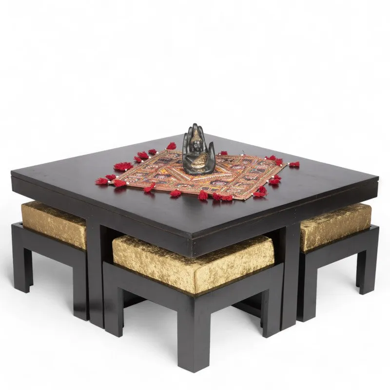 Evrino Sheesham Wooden Center Table with Stools and Cushions (Deep Brown,Gold) - Nine Piece Set media 3