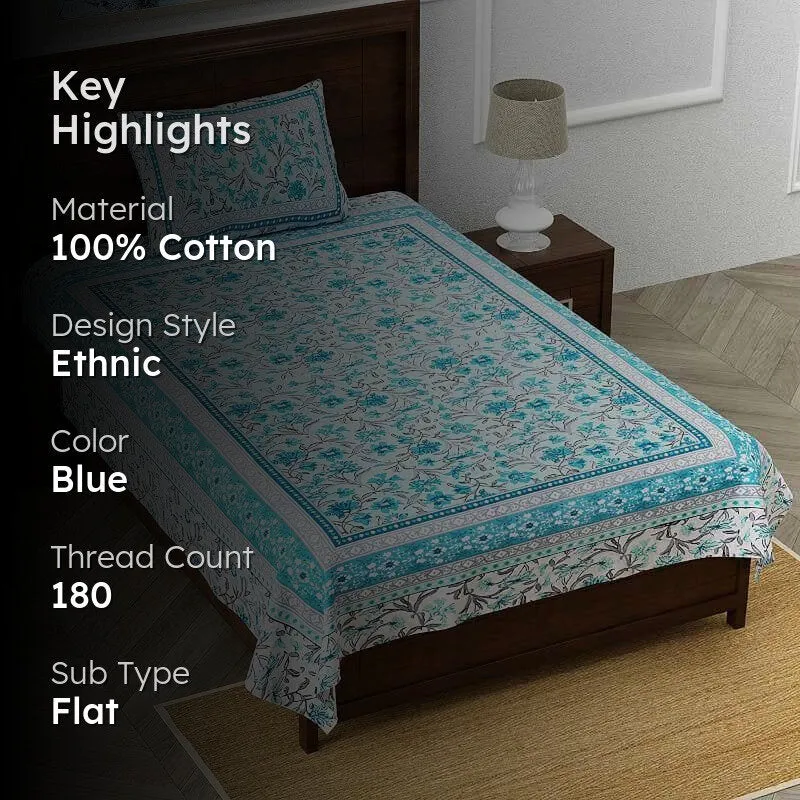 Folk Floral Fiesta Cotton Bedsheet (Blue) - 180 TC media 2