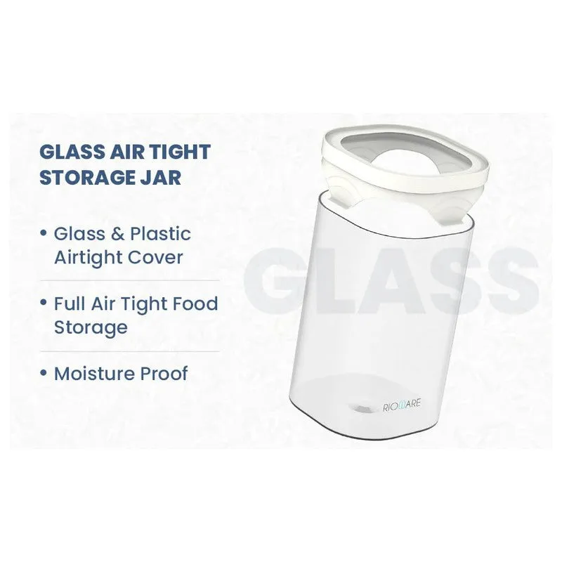 Clear airtight storage jar with white lid shown beside text about moisture-proof food storage.