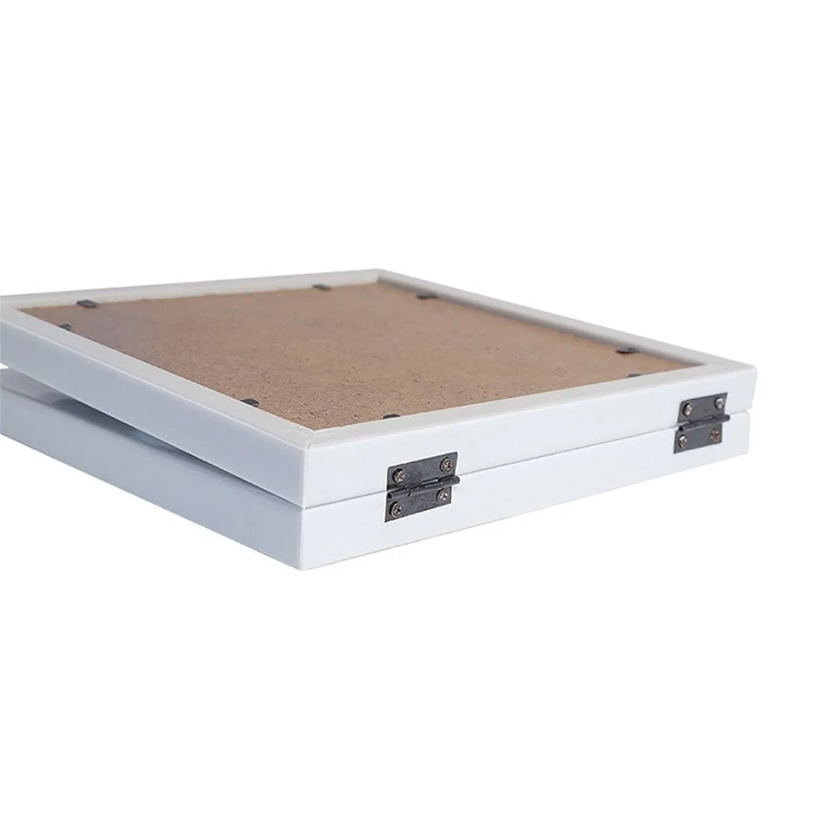 Folded white photo frame shown from the side with visible hinges