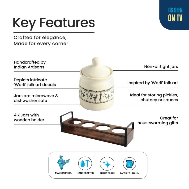 Four-lid jar set and holder shown with visible product feature callouts.