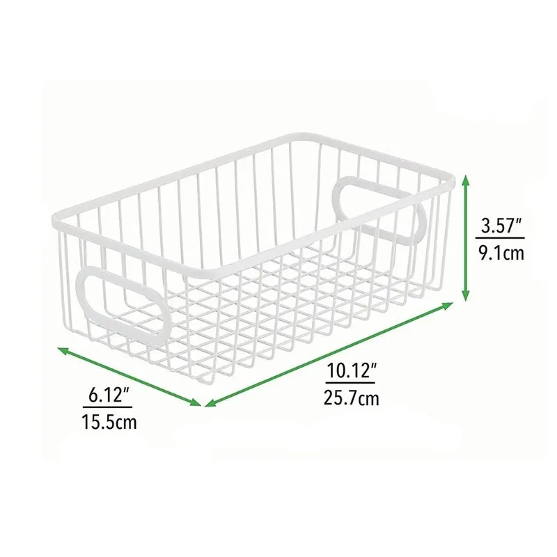 White rectangular wire storage basket shown with printed dimensions