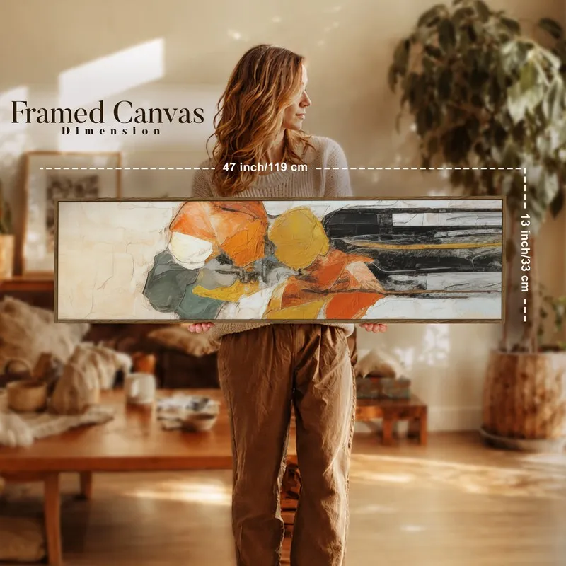 Person holding framed abstract canvas wall art with printed dimension text overlay