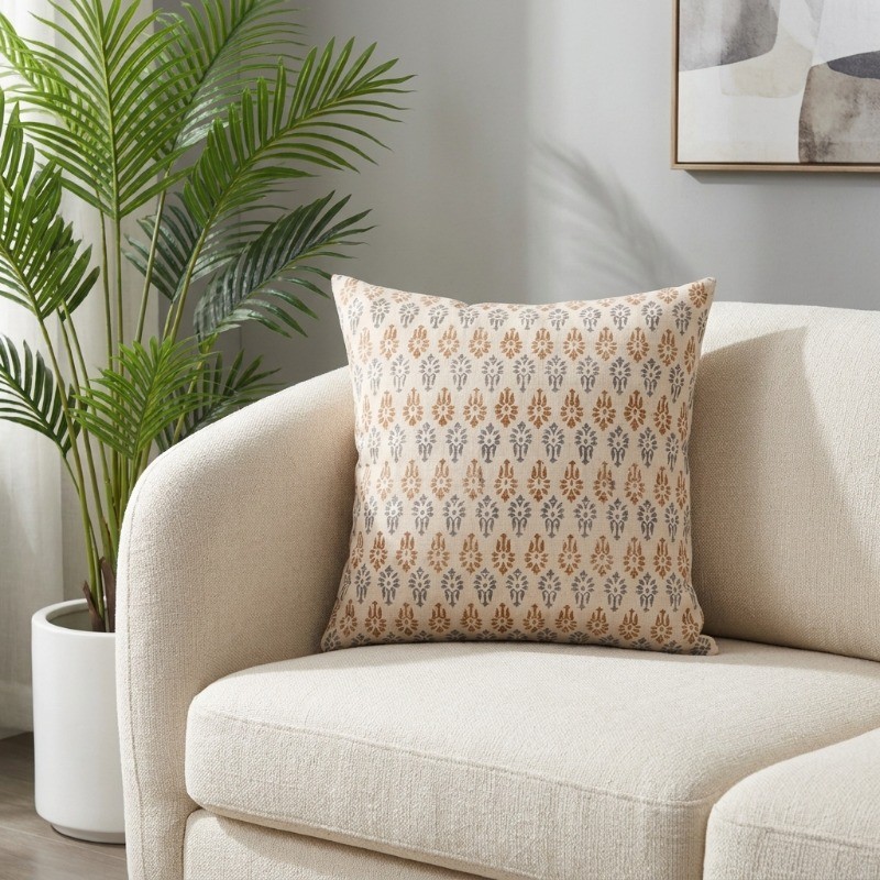 Petal Story Printed Cotton Cushion Cover - White,Orange