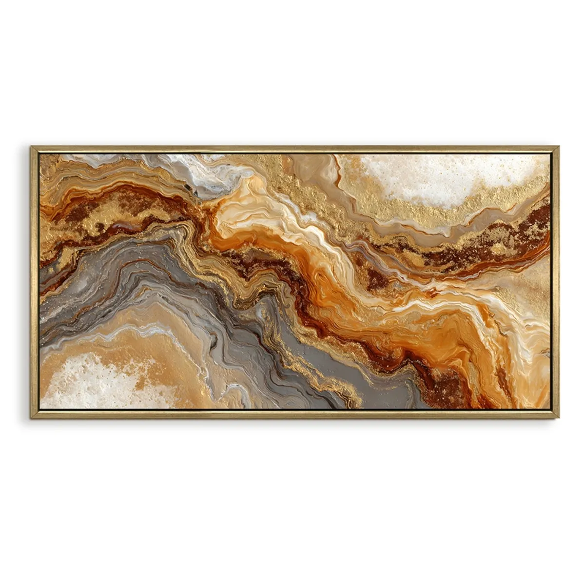 Rectangular framed abstract canvas painting with flowing gold and earthy tones