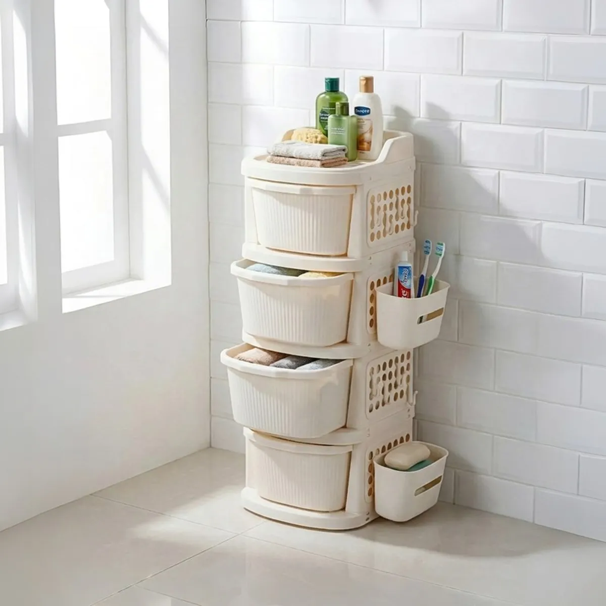 Ivory four-tier storage rack with baskets shown beside a tiled bathroom wall.
