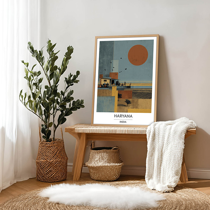 Golden Fields of Haryana Wall Art With Brown Frame - Small