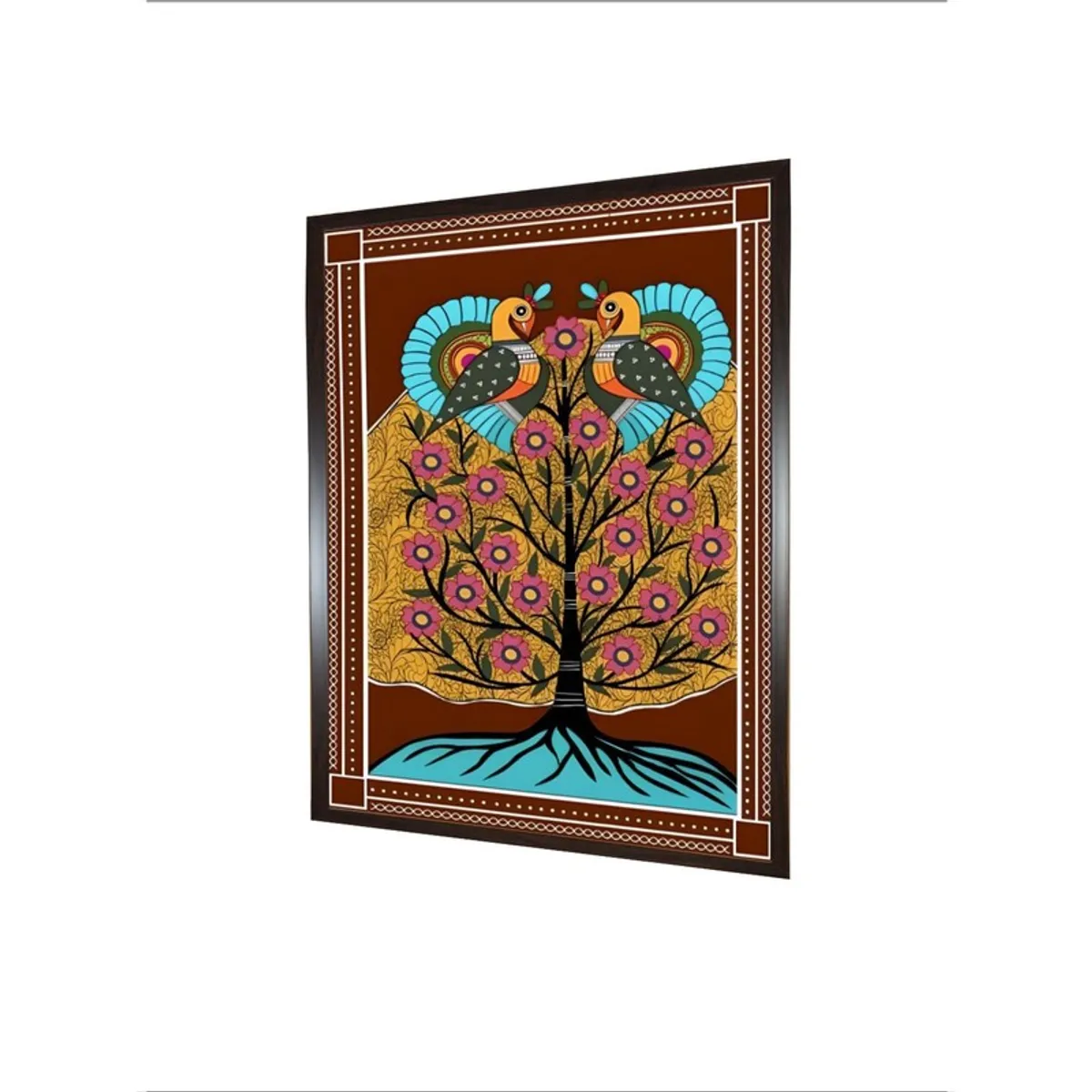 Angled view of rectangular framed folk tree and birds wall painting