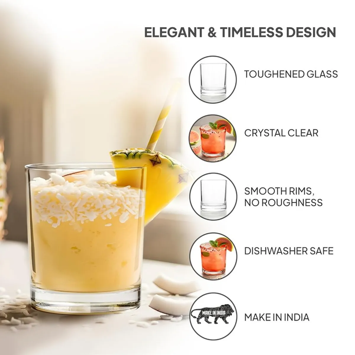 Clear glass with a pineapple drink beside feature callouts