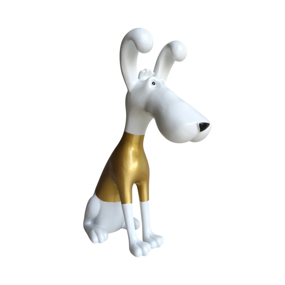 Angled front view of a glossy white and gold hound sculpture