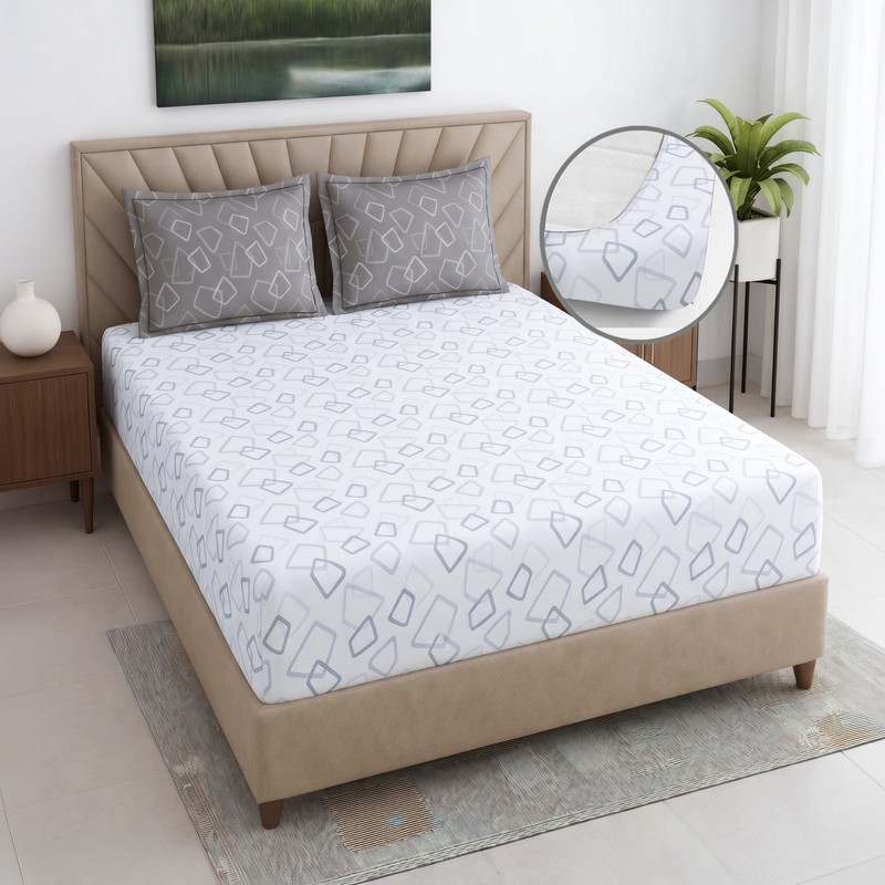Angular Charm Cotton Fitted Bedsheet (White) - 400 TC - King Fitted