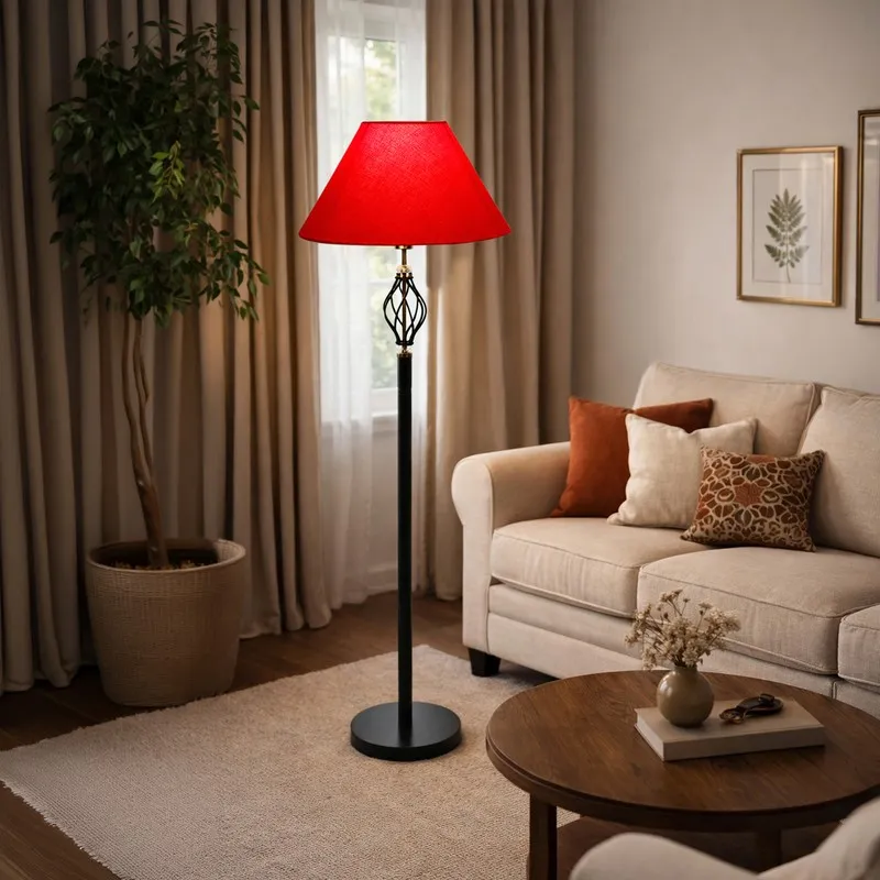 Red shade floor lamp beside a cream sofa in a warm living room