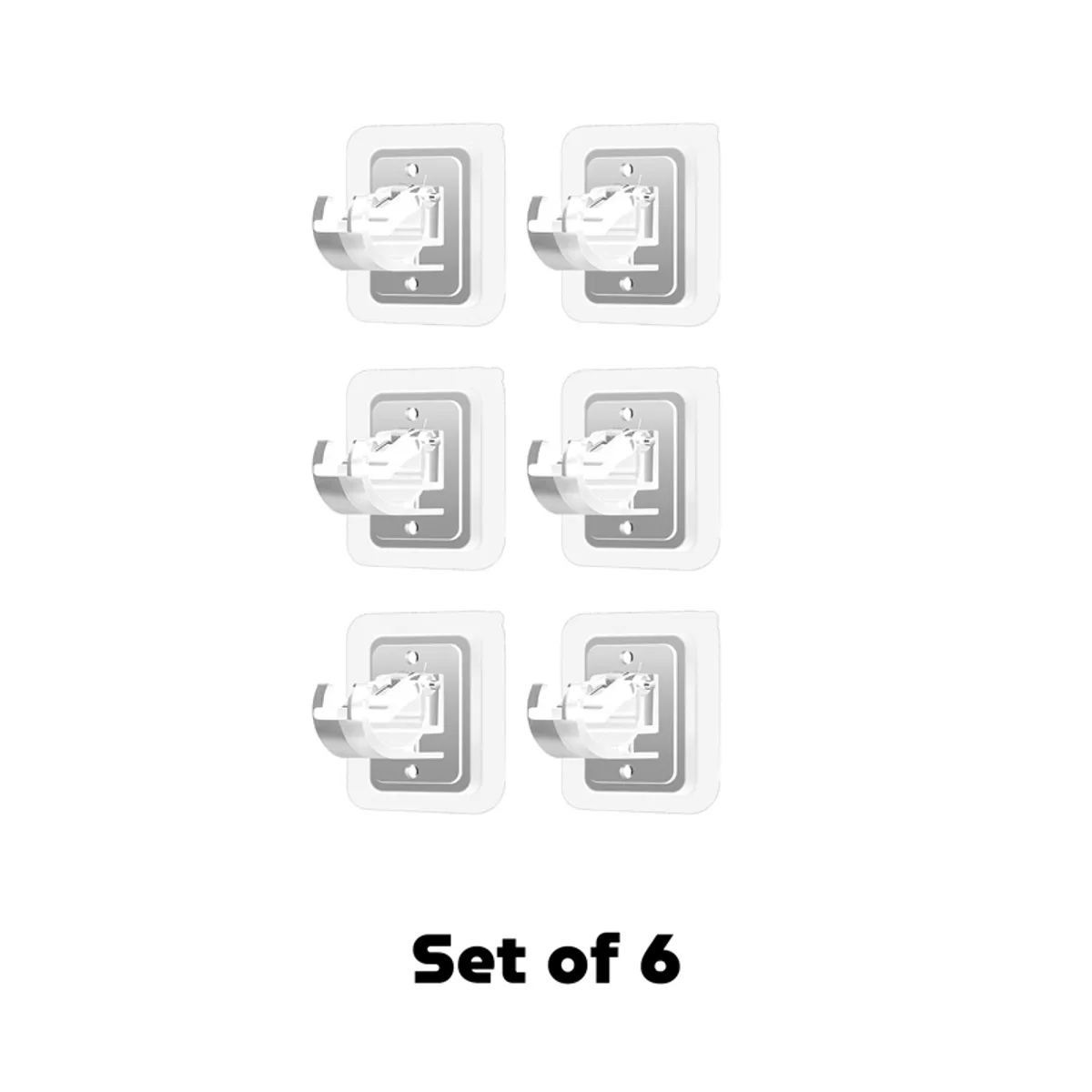 Six white curtain holders arranged together on a plain background
