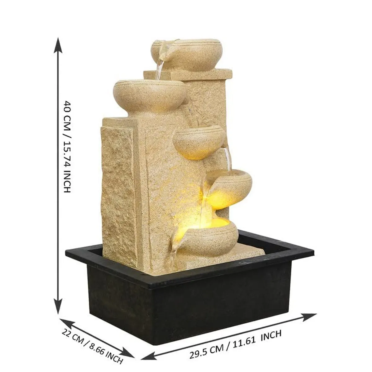 Ivory tabletop fountain shown with dimension arrows on a white background
