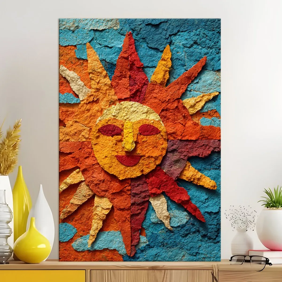 Sun motif gallery-wrapped canvas wall painting displayed above a console