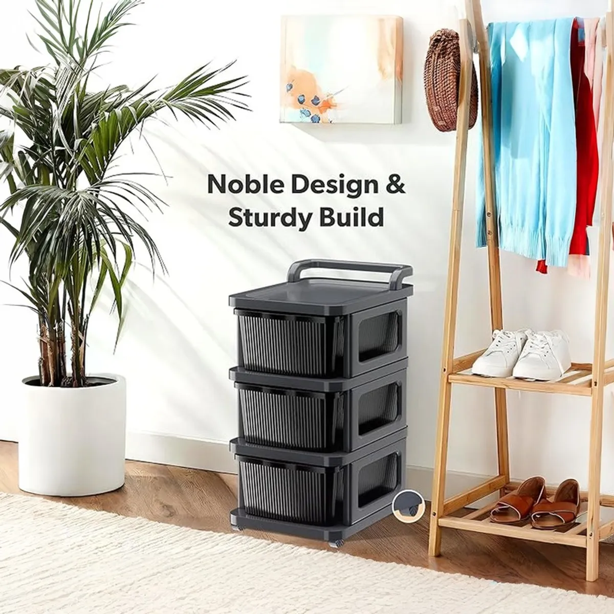 Black and grey storage rack styled in a bright room