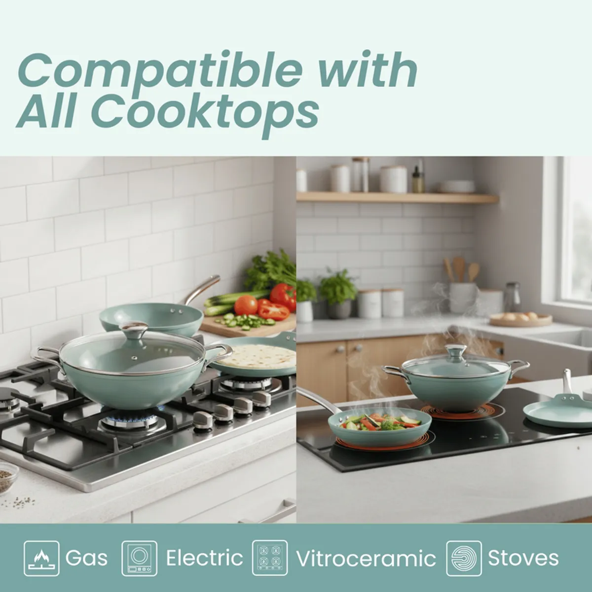 Teal cookware shown on gas and electric stovetops in a bright kitchen