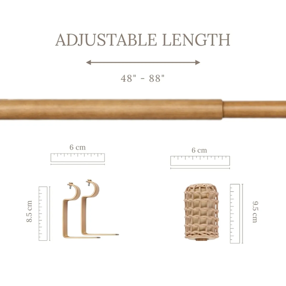 Extendable beige curtain rod with finial and bracket shown in a size diagram