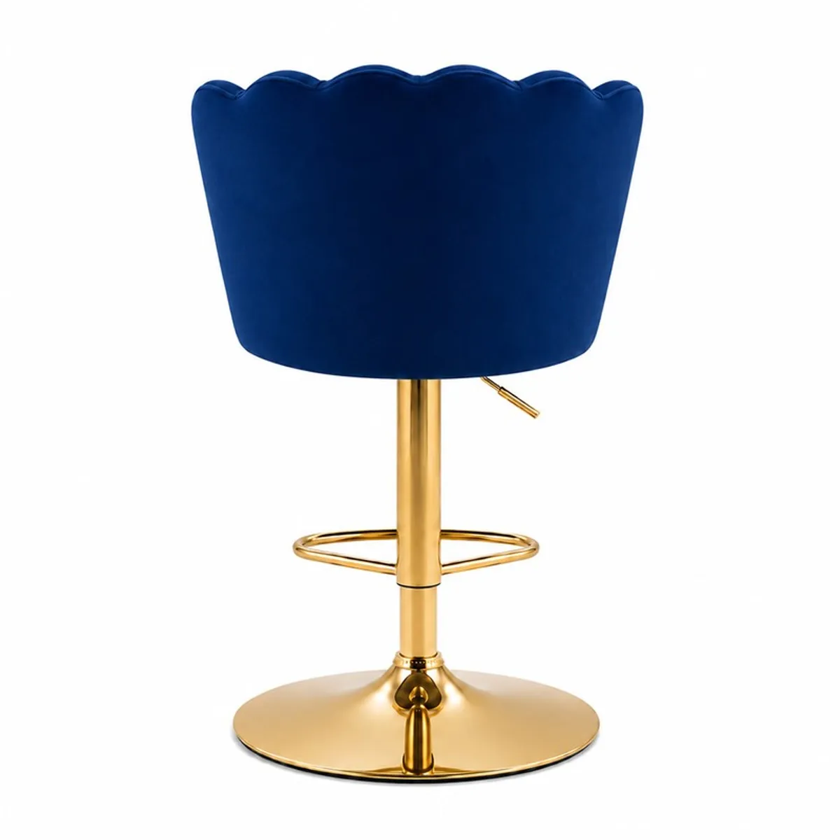Back view of blue velvet bar chair with scalloped backrest and gold-toned base