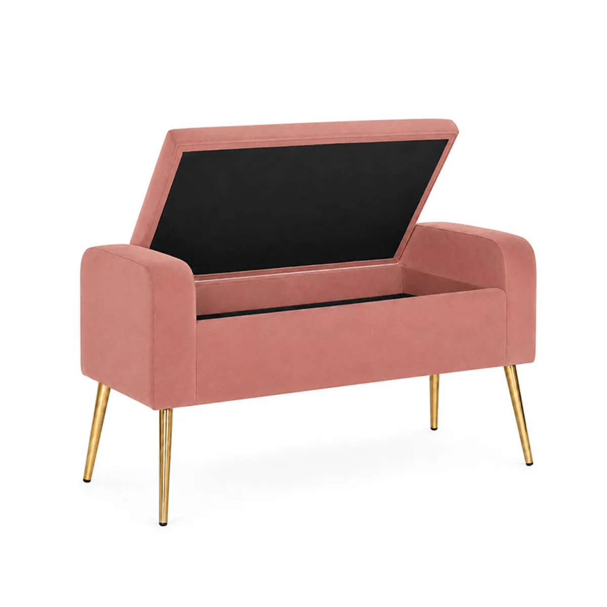 Pink velvet storage bench shown open with its lift-up lid raised