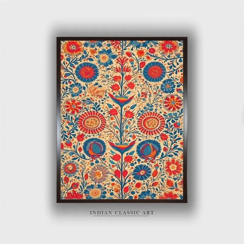 Front view of framed folk floral tree canvas wall painting with colourful Indian-inspired motif
