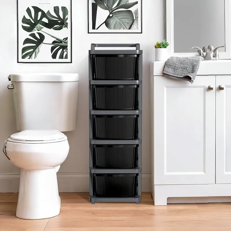 Five-tier black organiser rack styled in a bathroom beside a white toilet.