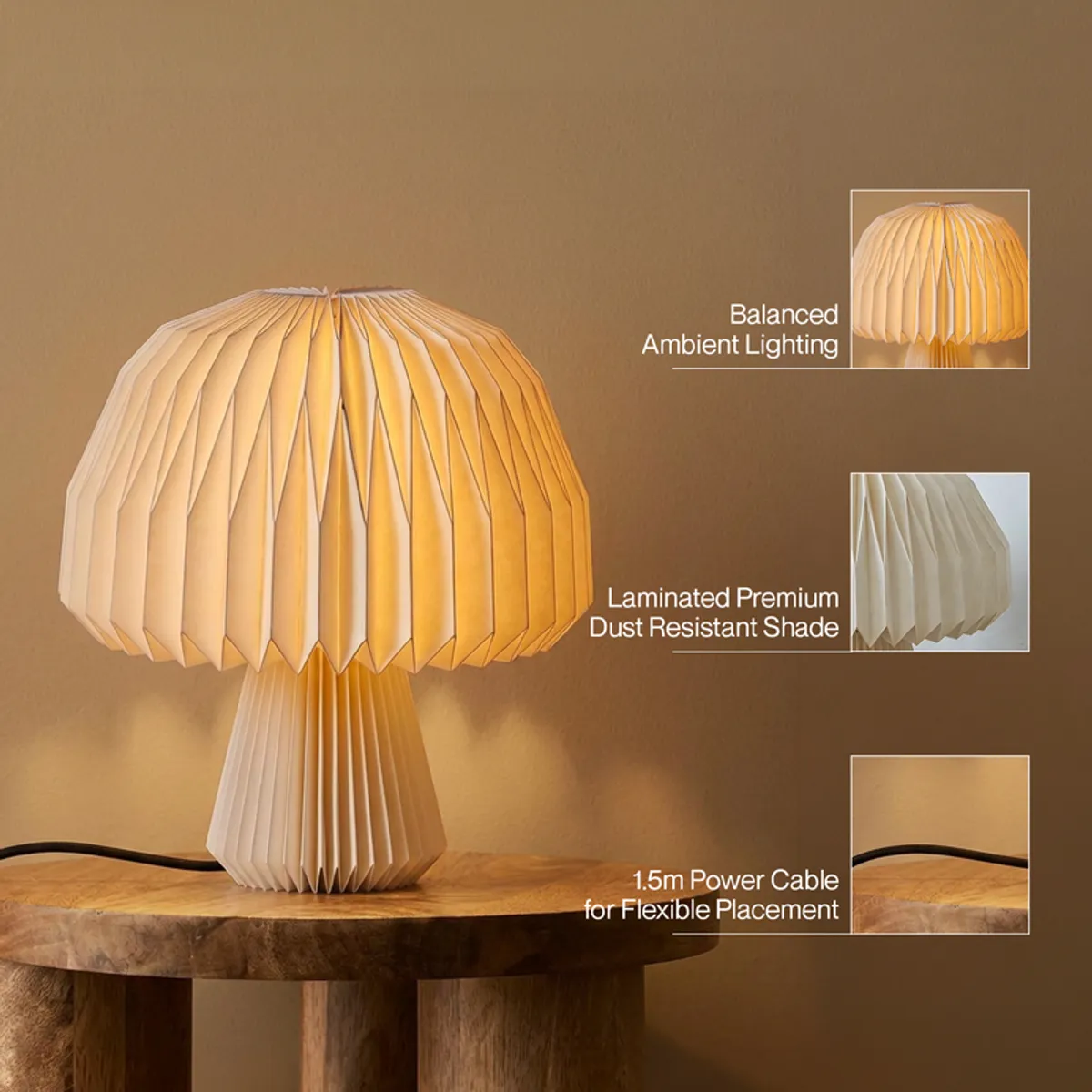 Pleated mushroom lamp glowing on a wooden table with ambient light callouts