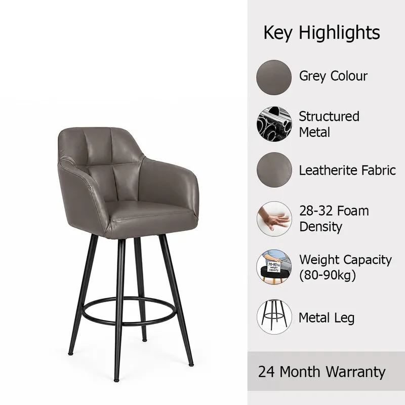 Dark grey upholstered bar chair with black metal legs on a white background