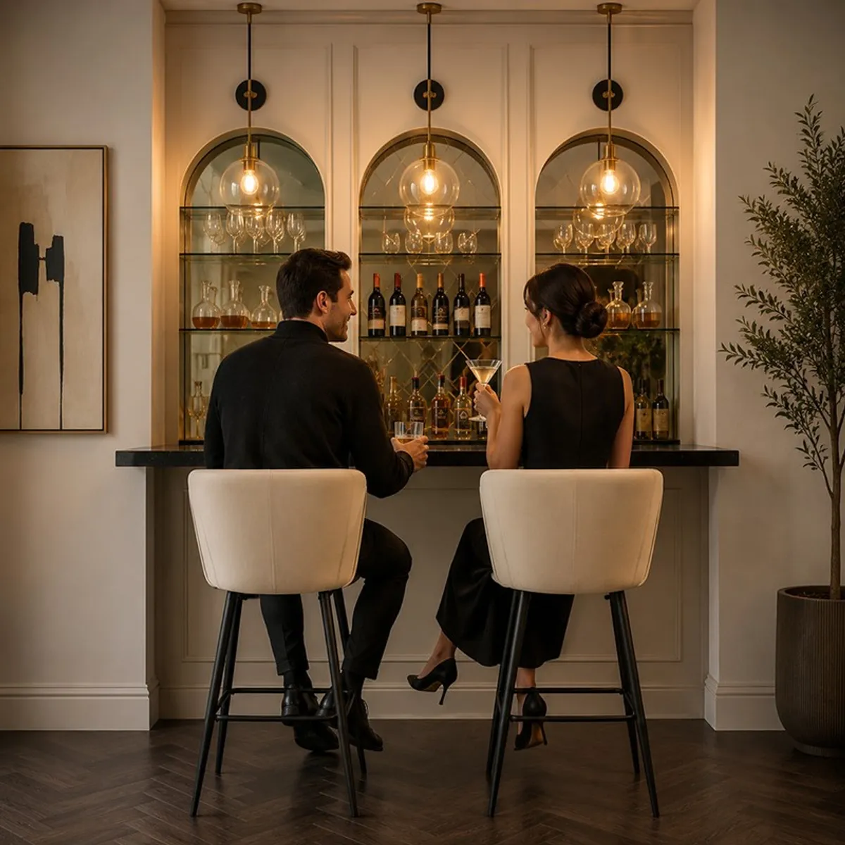 Two off white bar chairs placed at a home bar setting