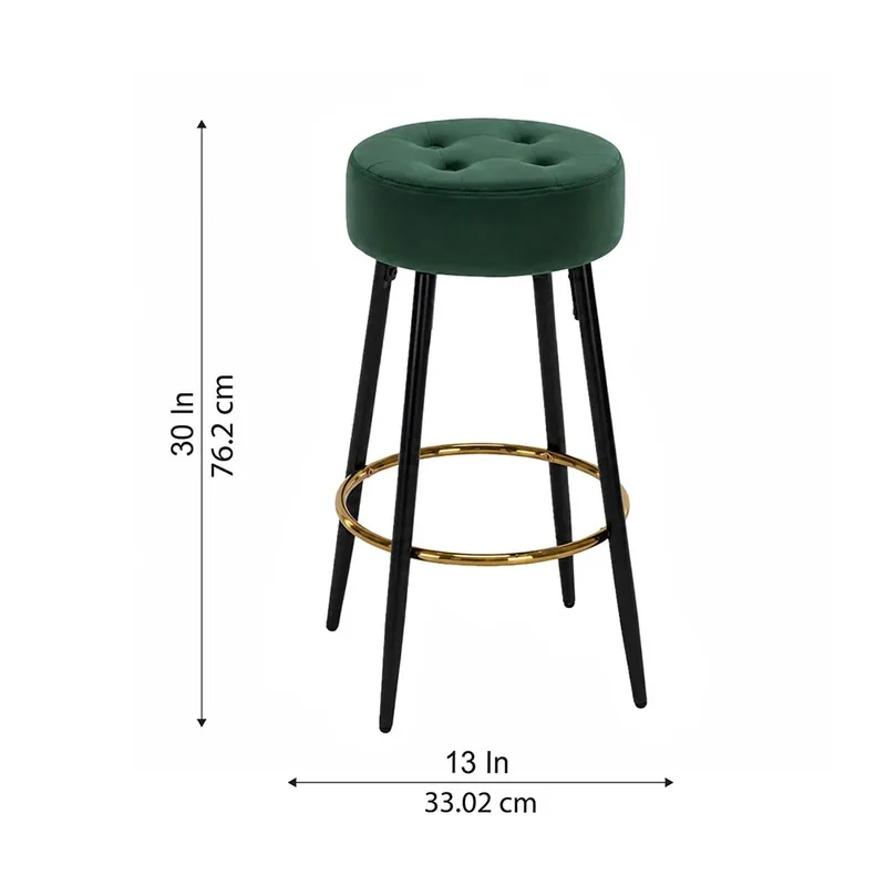 Green round bar stool with height and width shown visually
